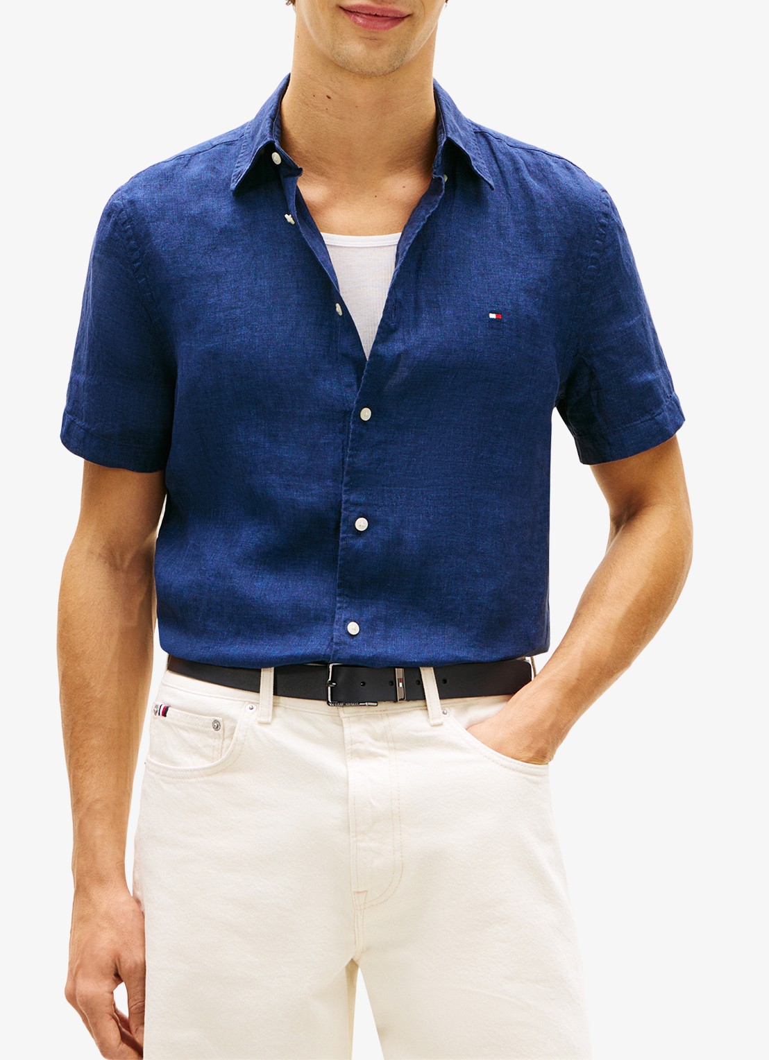 Tommy Hilfiger Regular fit overhemd van linnen - detail 4 donkerblauw