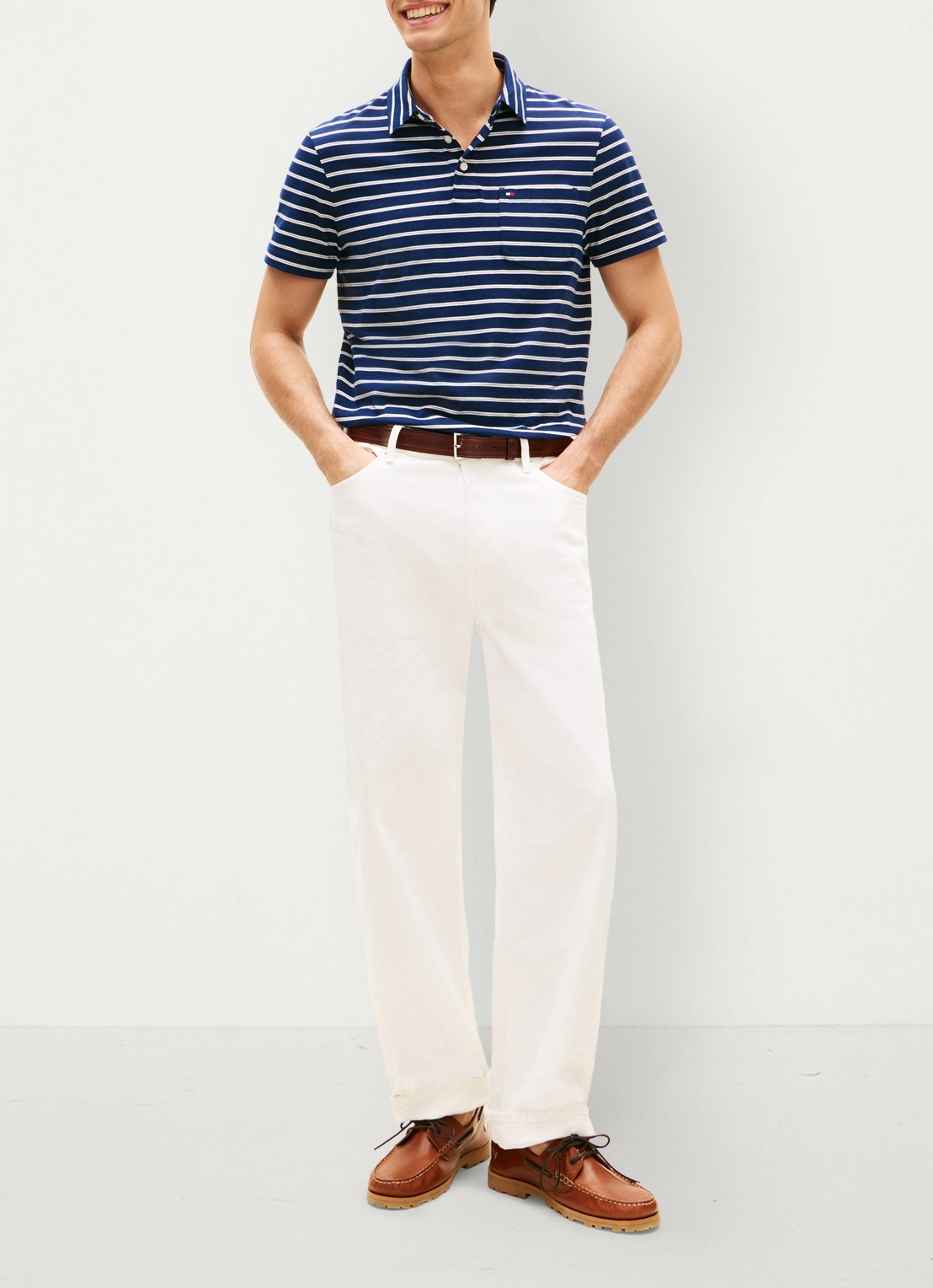 Tommy Hilfiger Regular fit polo met streepprint en borstzak - voorkant 3 donkerblauw