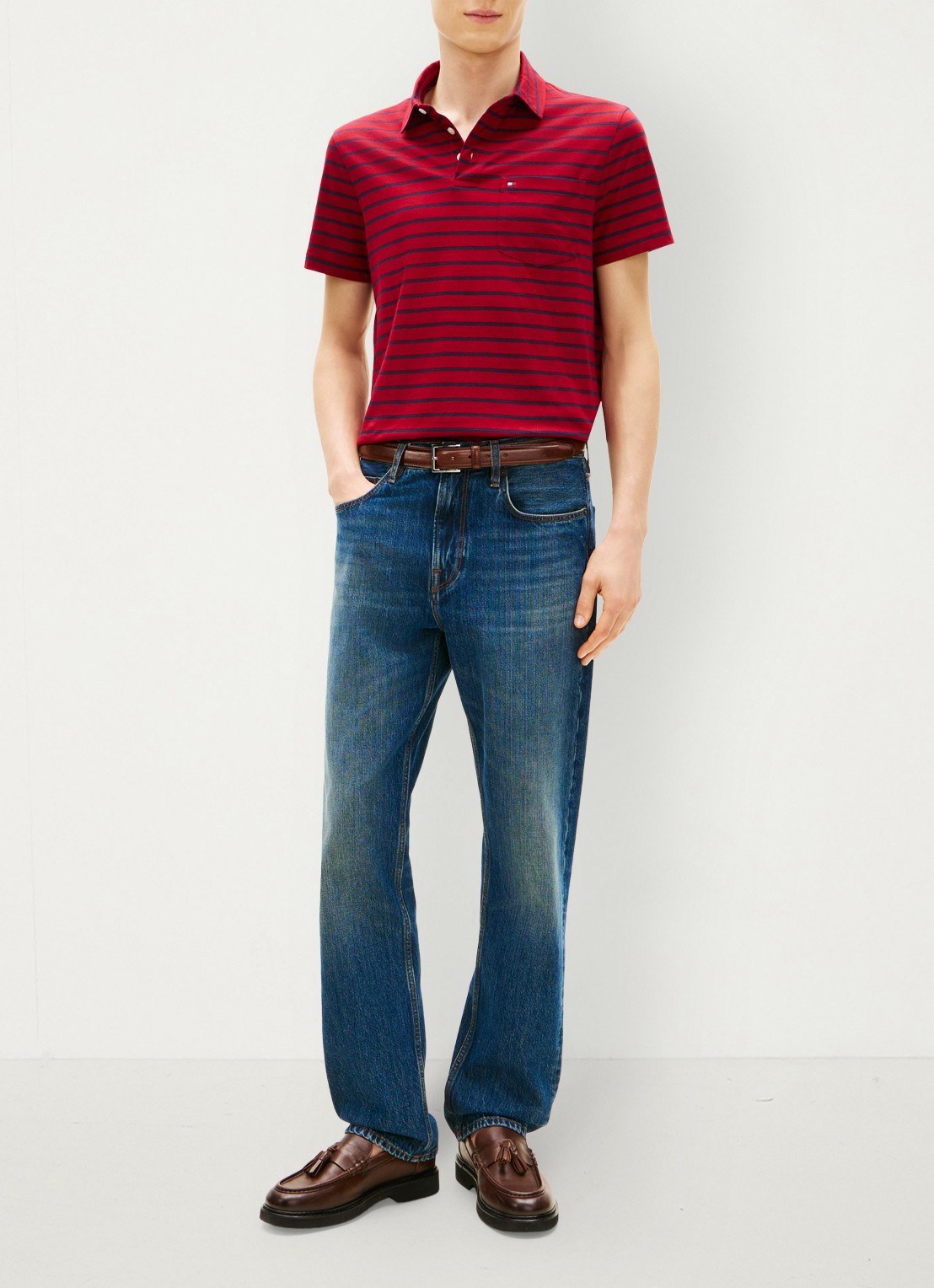 Tommy Hilfiger Regular fit polo met streepprint en borstzak - voorkant 2 donkerrood