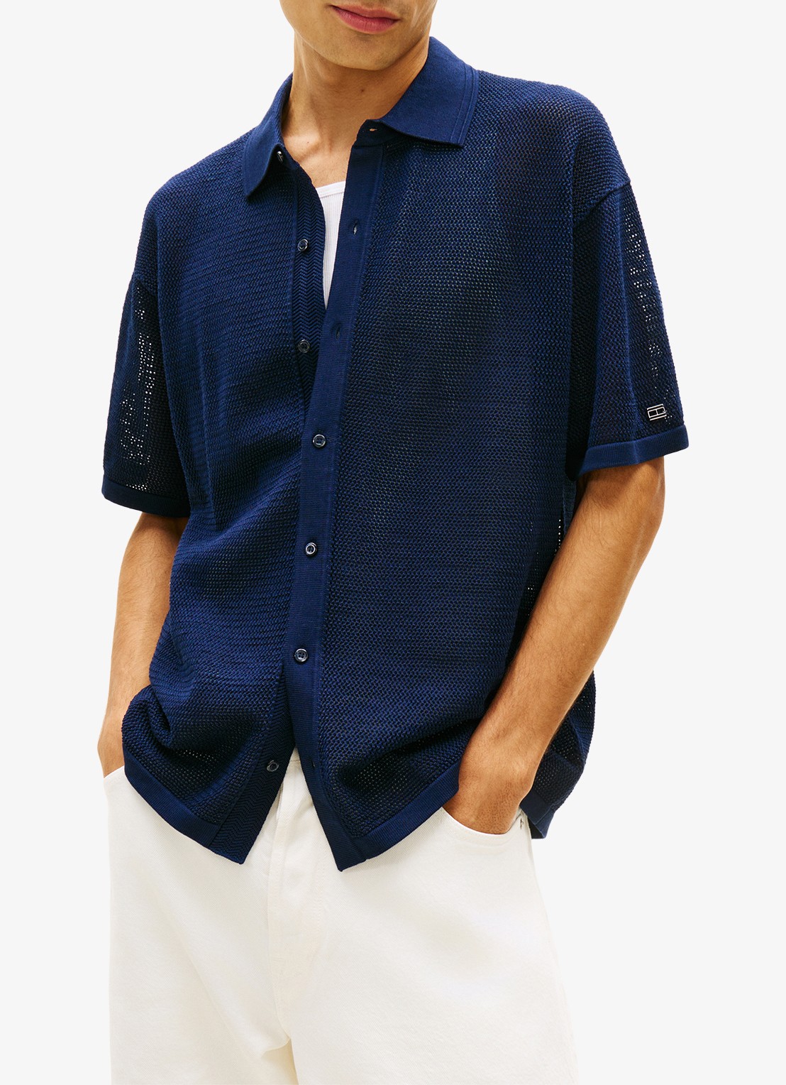 Tommy Hilfiger Relaxed fit overhemd met opengewerkt dessin - detail 4 donkerblauw