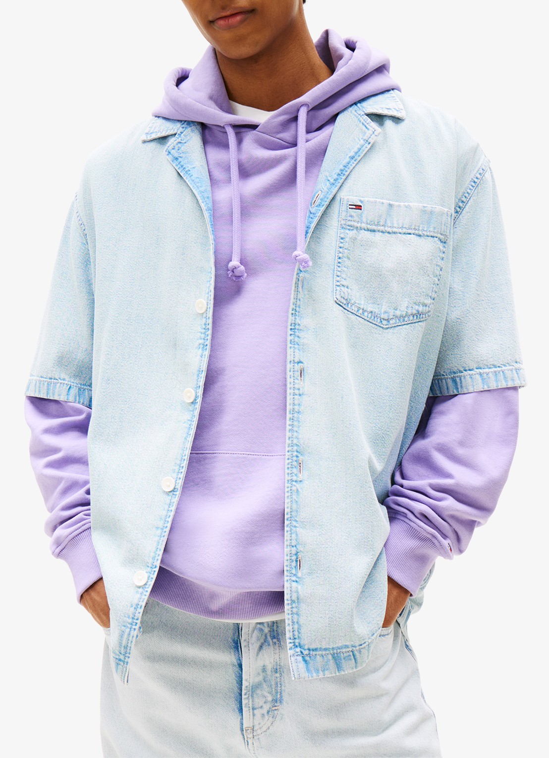 Tommy Hilfiger Relaxed fit overhemd van denim met borstzak - detail 4 lichtblauw
