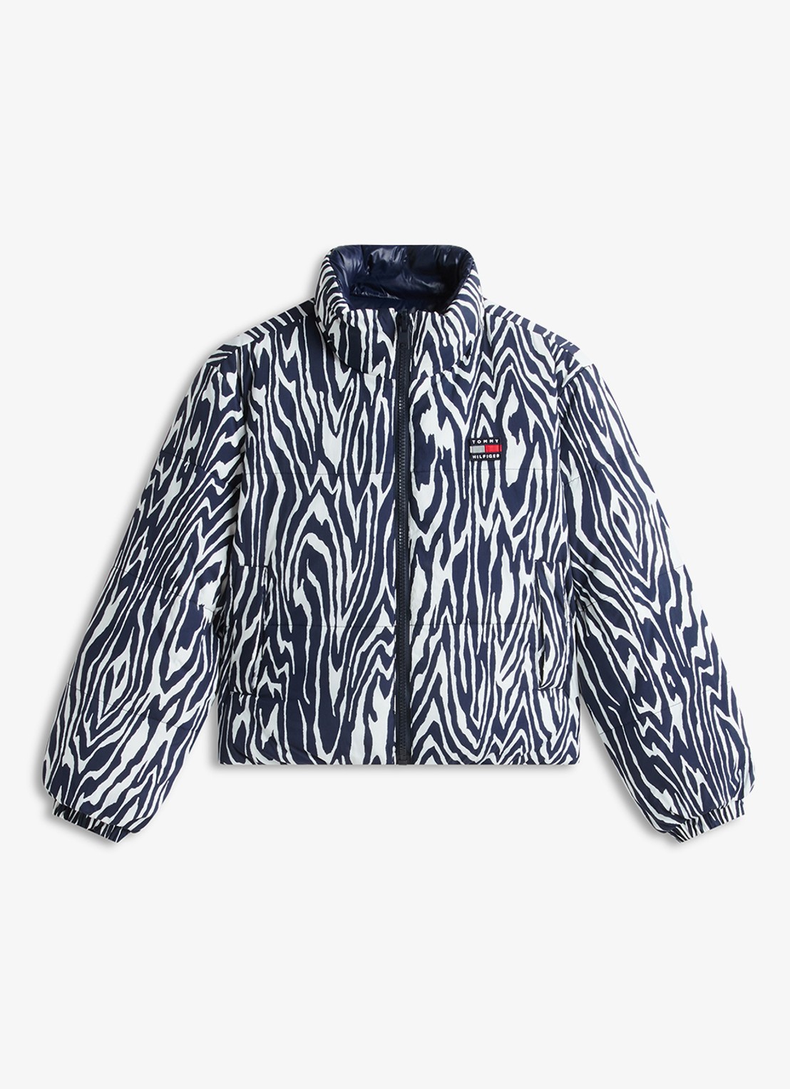 Tommy Hilfiger Reversible puffer jas met dierenprint  - voorkant blauw