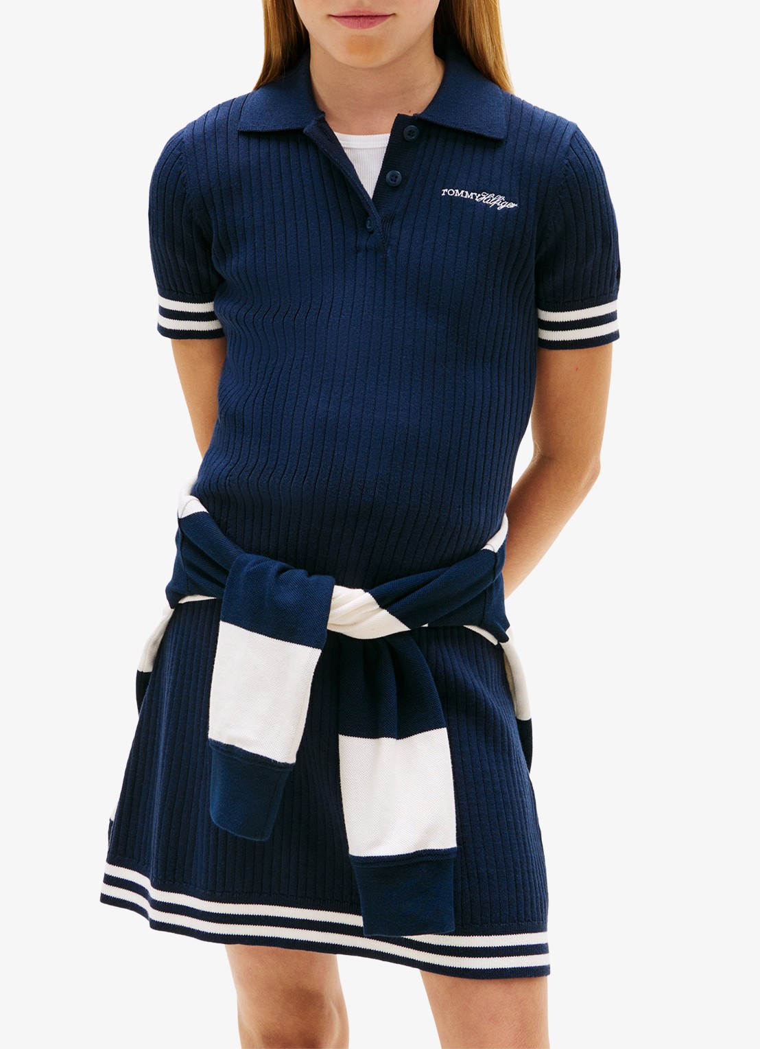 Tommy Hilfiger Ribgebreide mini jurk met streep detail - detail 4 donkerblauw
