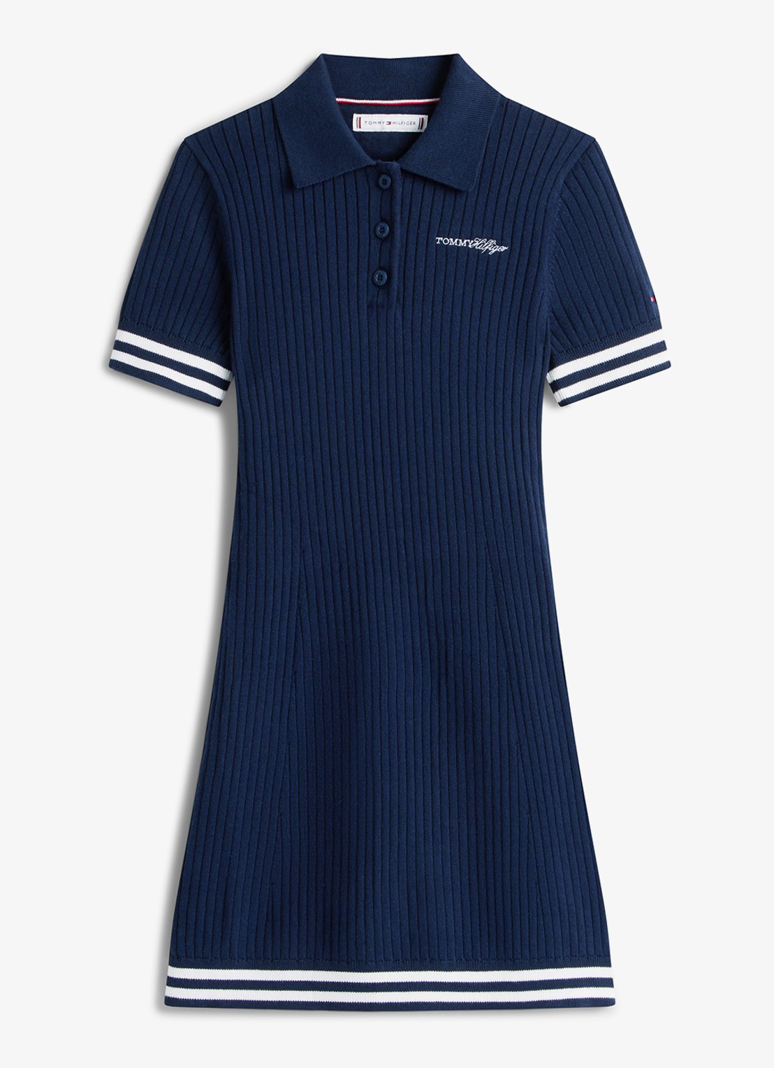 Tommy Hilfiger Ribgebreide mini jurk met streep detail - voorkant donkerblauw