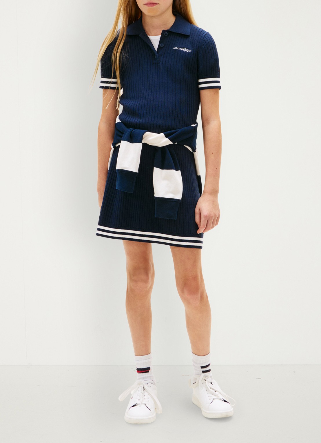 Tommy Hilfiger Ribgebreide mini jurk met streep detail - voorkant 2 donkerblauw