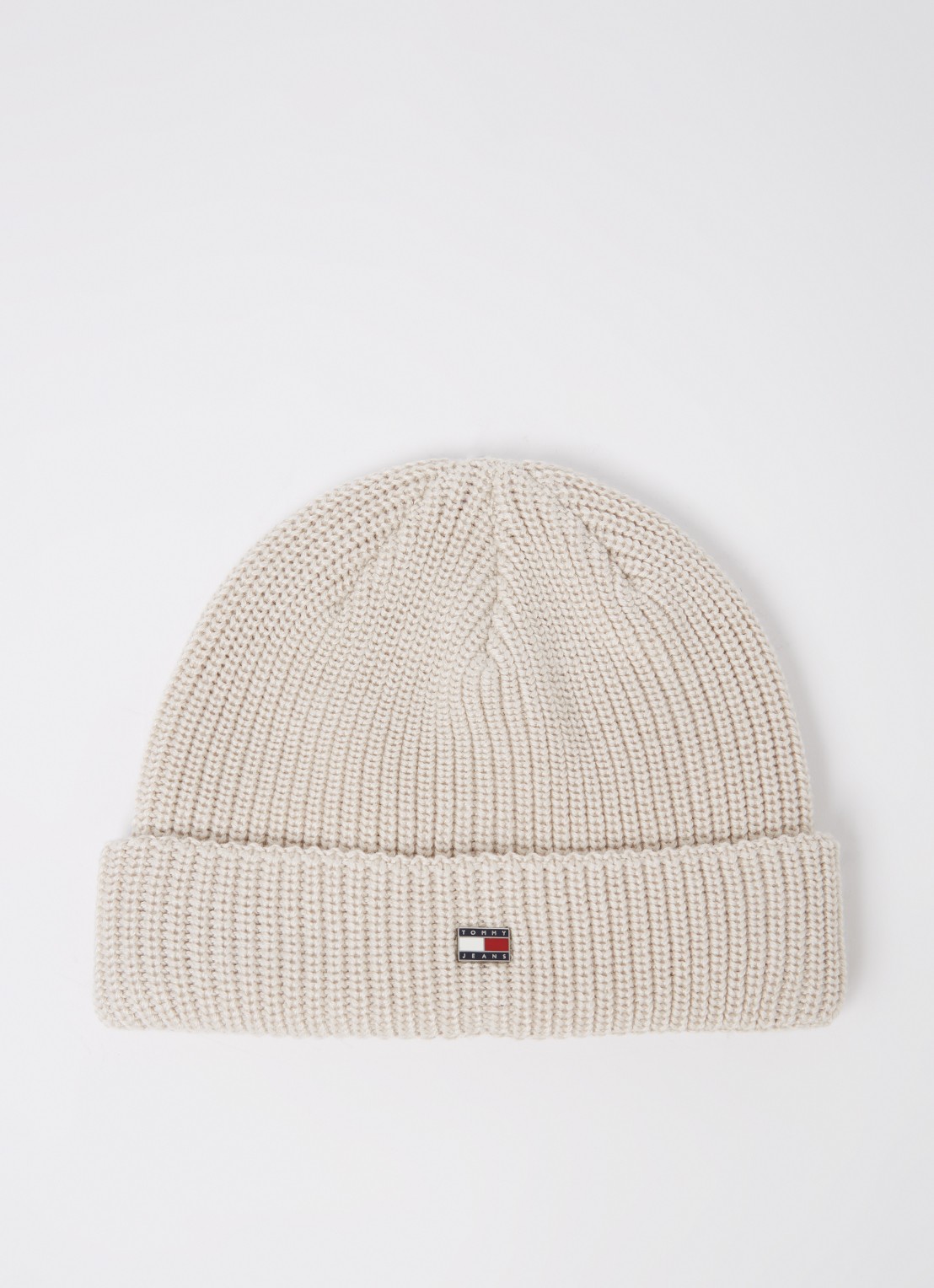 Tommy Hilfiger Ribgebreide muts met logo - voorkant beige