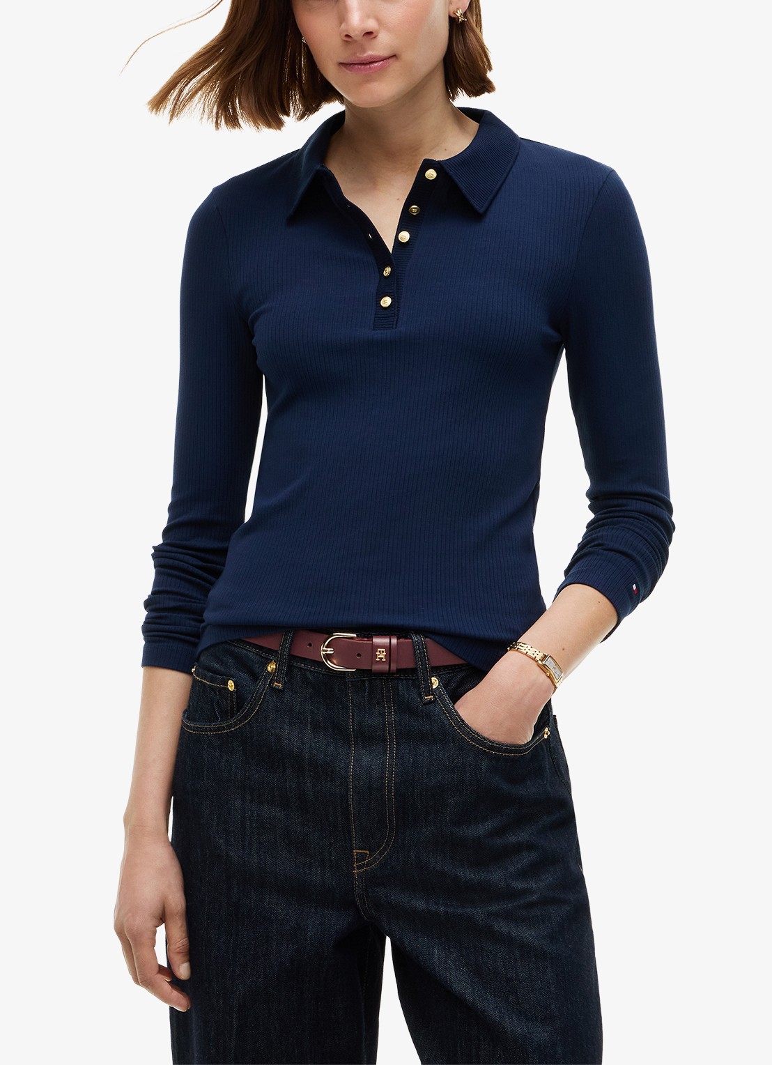 Tommy Hilfiger Ribgebreide polo met knoop details  - detail 4 donkerblauw