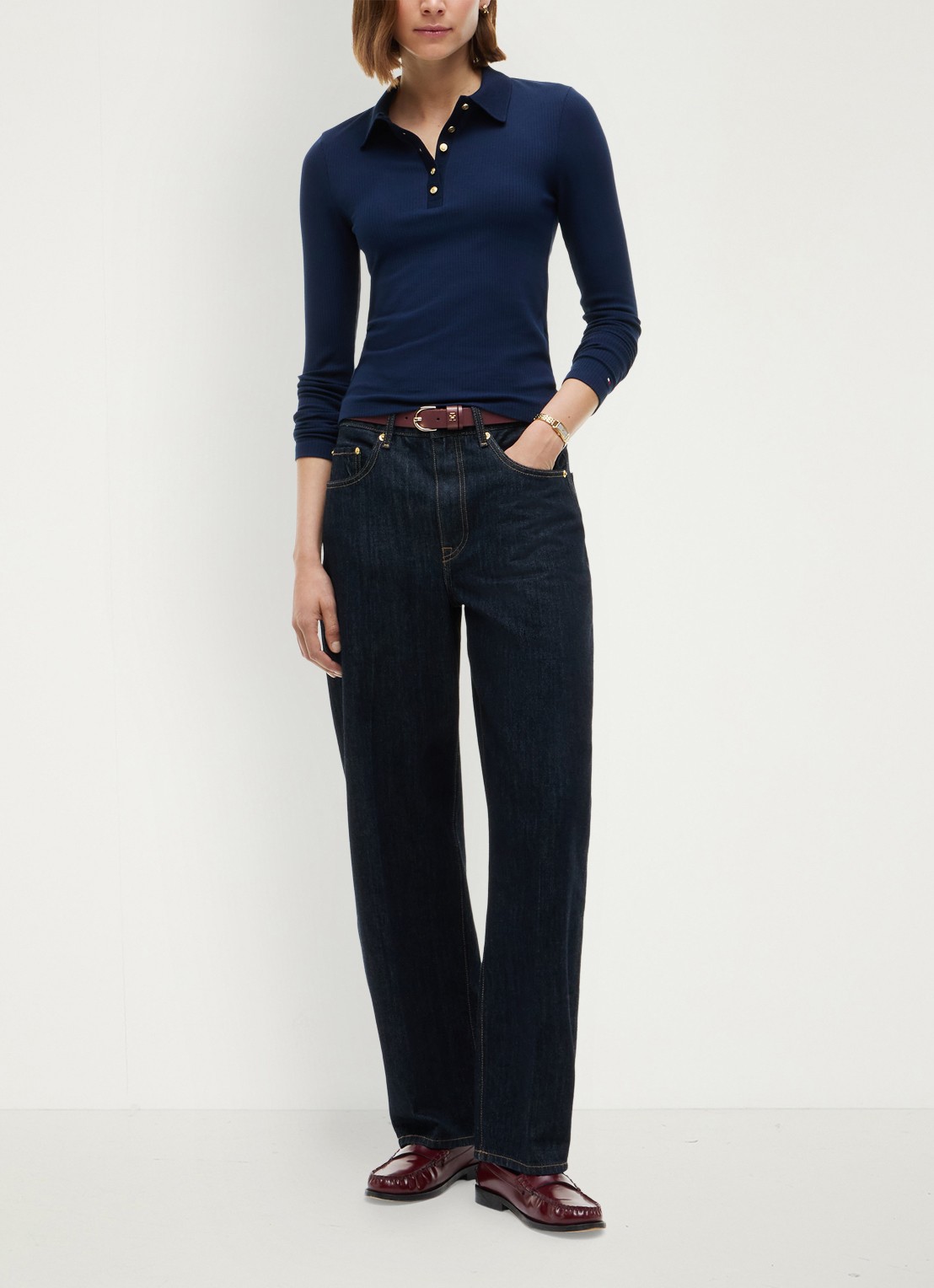 Tommy Hilfiger Ribgebreide polo met knoop details  - voorkant 3 donkerblauw