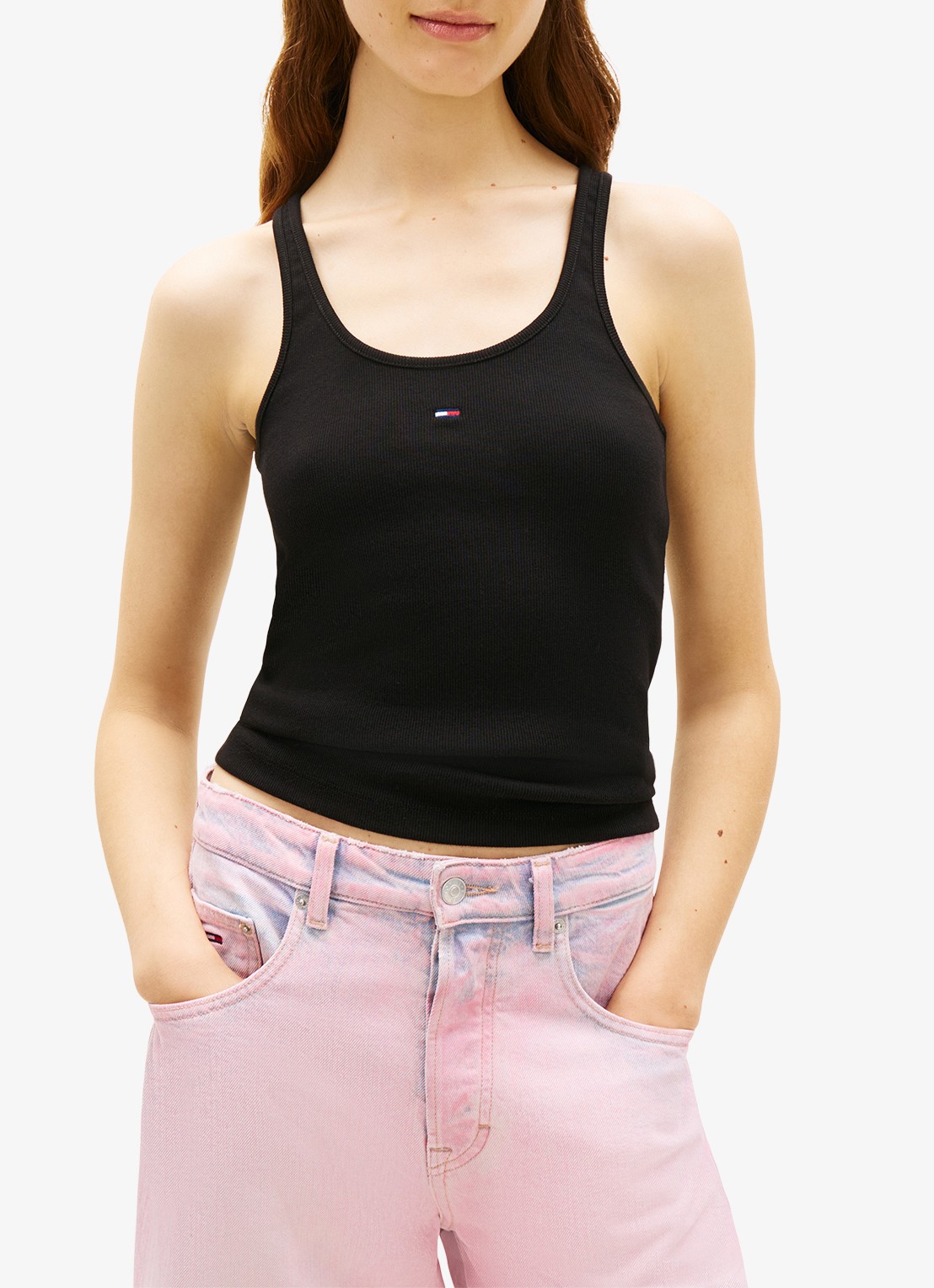 Tommy Hilfiger Ribgebreide tanktop met logoborduring - detail zwart