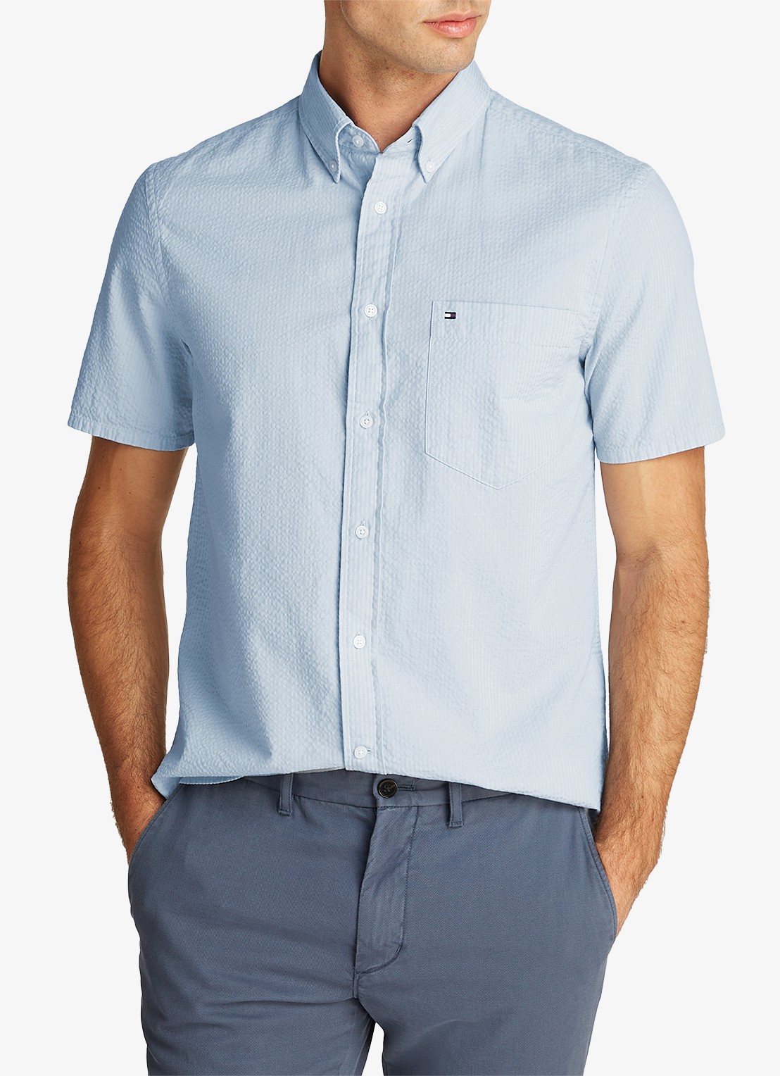 Tommy Hilfiger Seersucker regular fit overhemd met borstzak - detail 3 lichtblauw