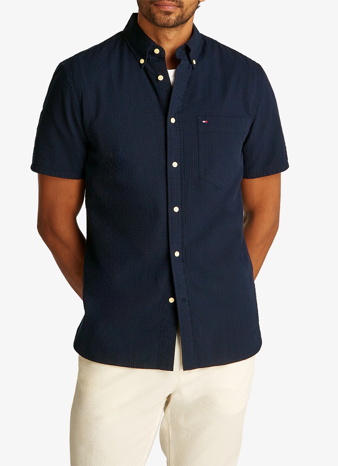 Tommy Hilfiger Seersucker regular fit overhemd met borstzak - detail blauw