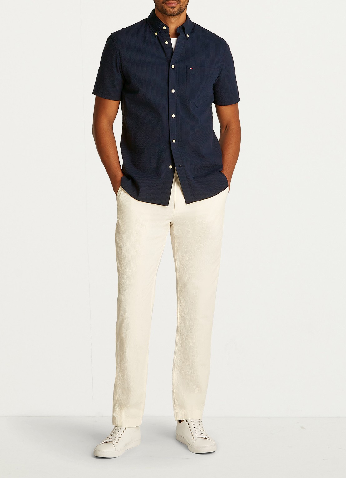 Tommy Hilfiger Seersucker regular fit overhemd met borstzak - voorkant 4 blauw