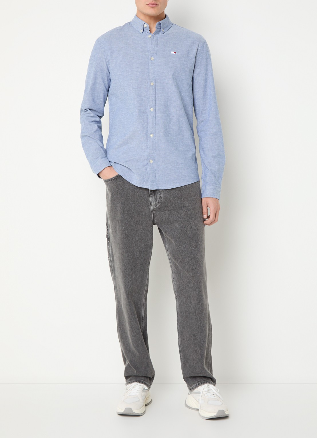 Tommy Hilfiger Slim fit overhemd met logoborduring - voorkant 2 staalblauw
