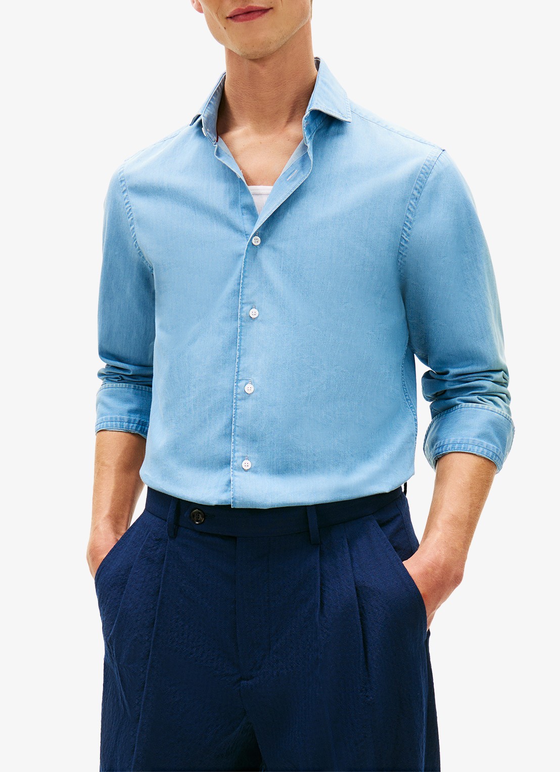 Tommy Hilfiger Slim fit overhemd van denim - detail 3 lichtblauw