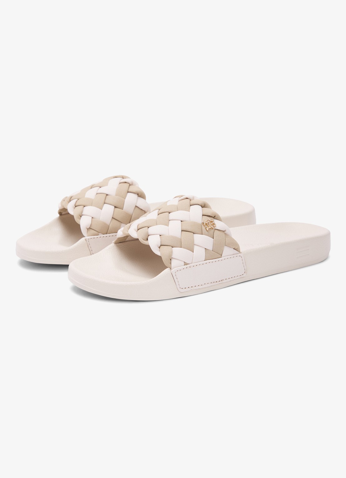 Tommy Hilfiger Slipper met gevlochten details en logo - achterkant beige
