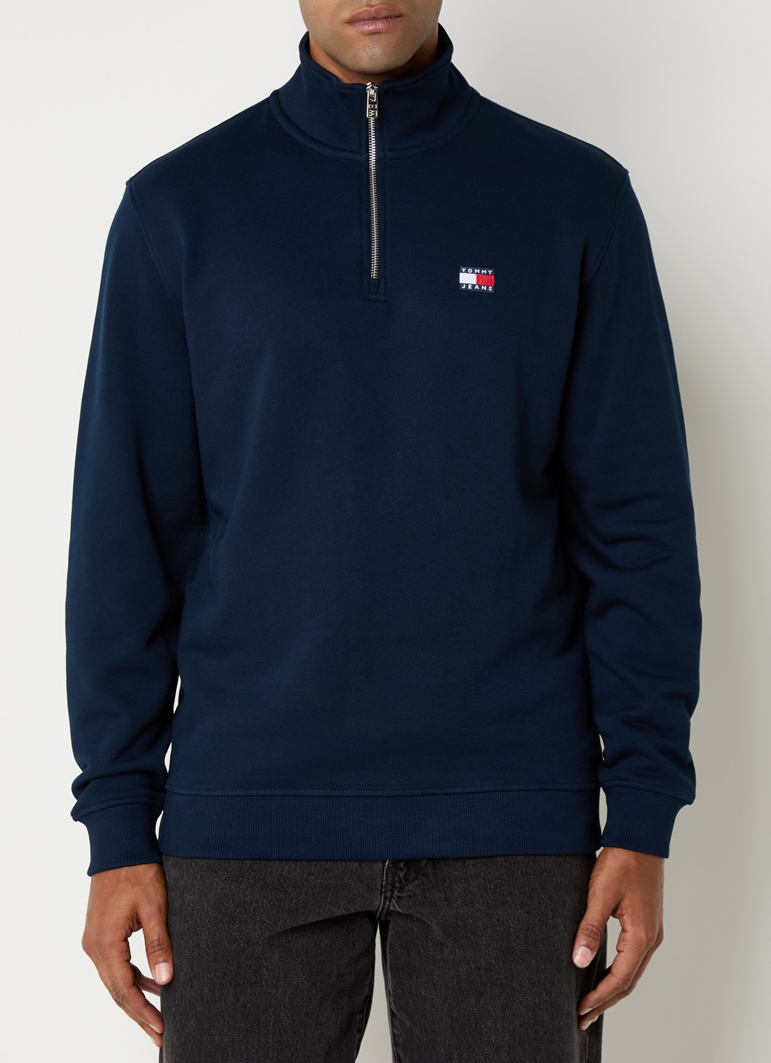 Tommy Hilfiger Sweater met halve rits en logo - detail donkerblauw