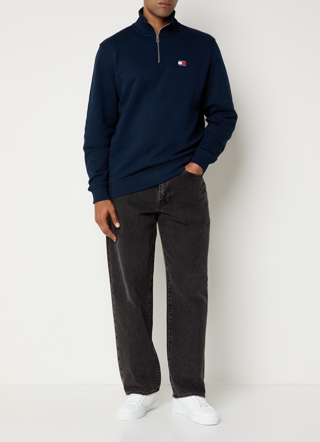 Tommy Hilfiger Sweater met halve rits en logo - voorkant 4 donkerblauw