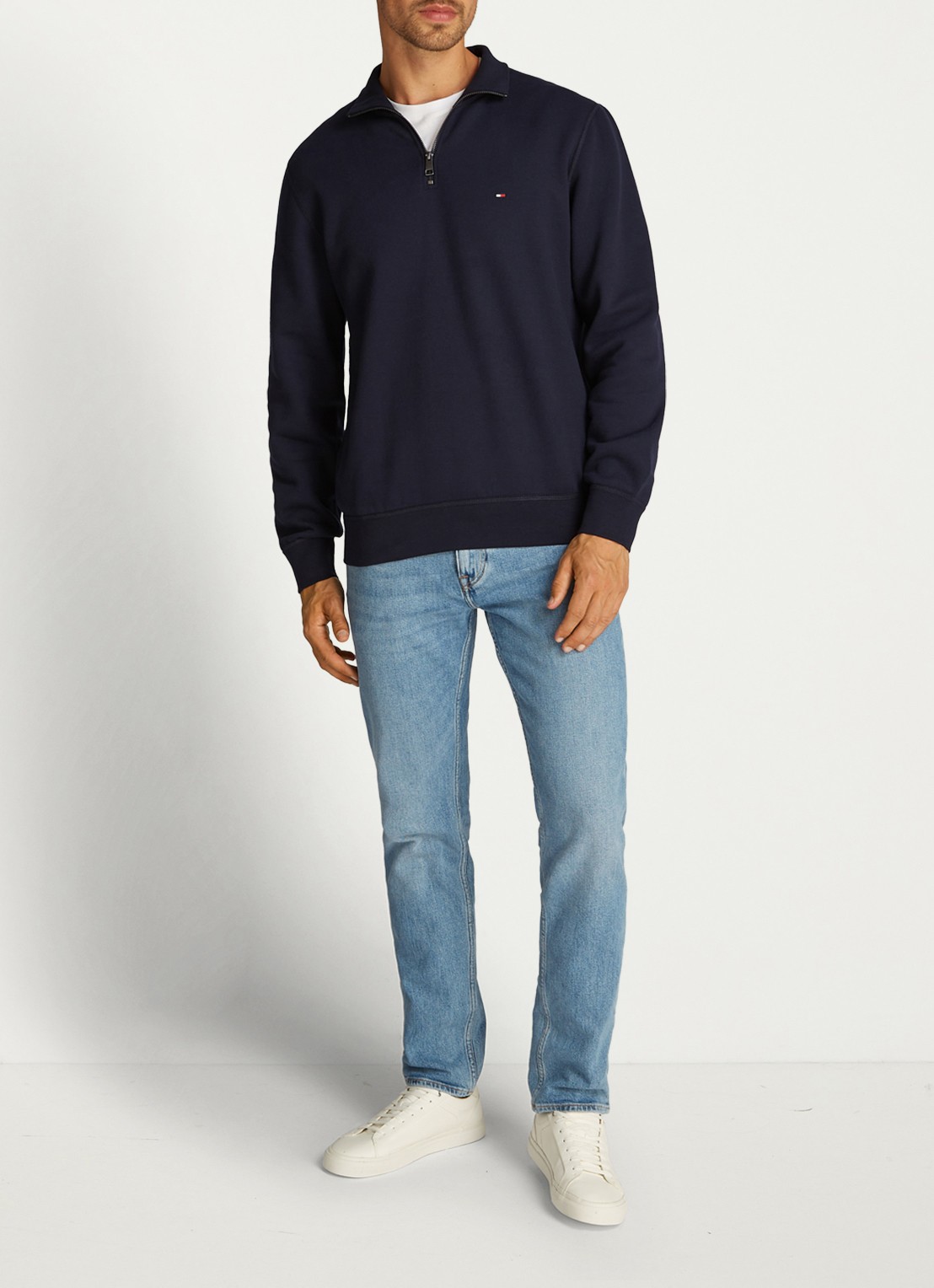 Tommy Hilfiger Sweater met halve rits en logoborduring - voorkant 5 donkerblauw