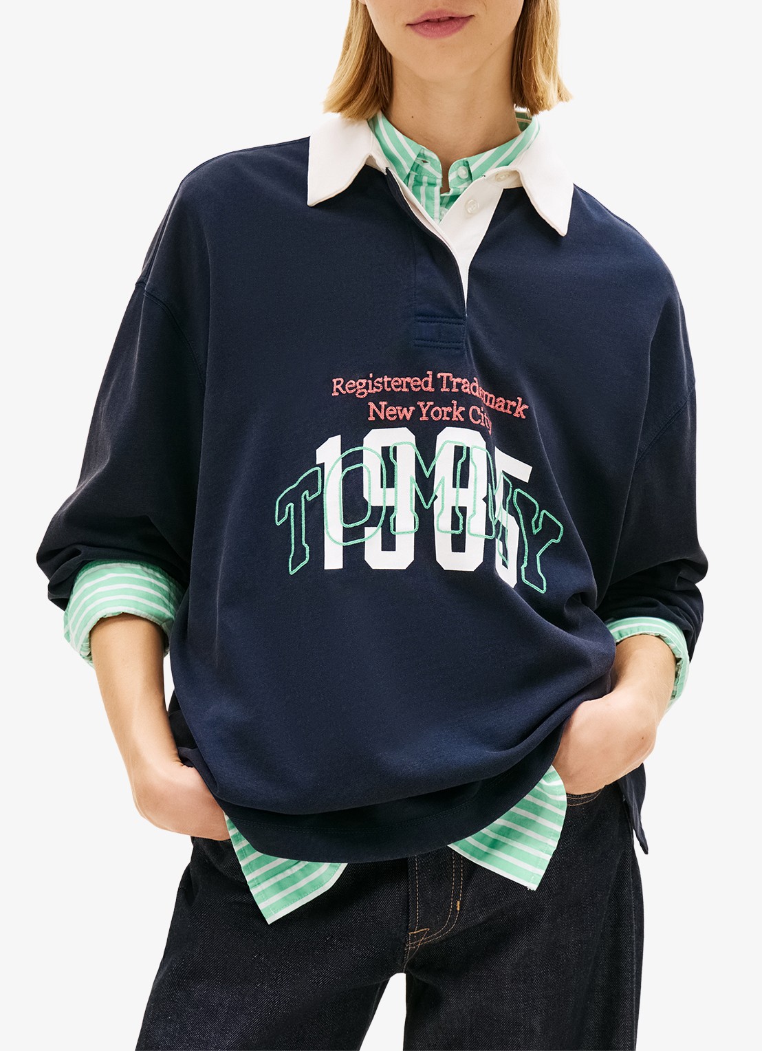 Tommy Hilfiger Sweater met logoprint - detail 3 donkerblauw