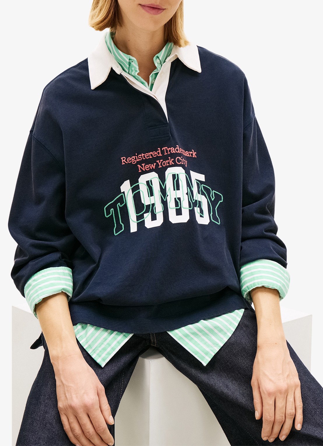 Tommy Hilfiger Sweater met logoprint - detail 4 donkerblauw
