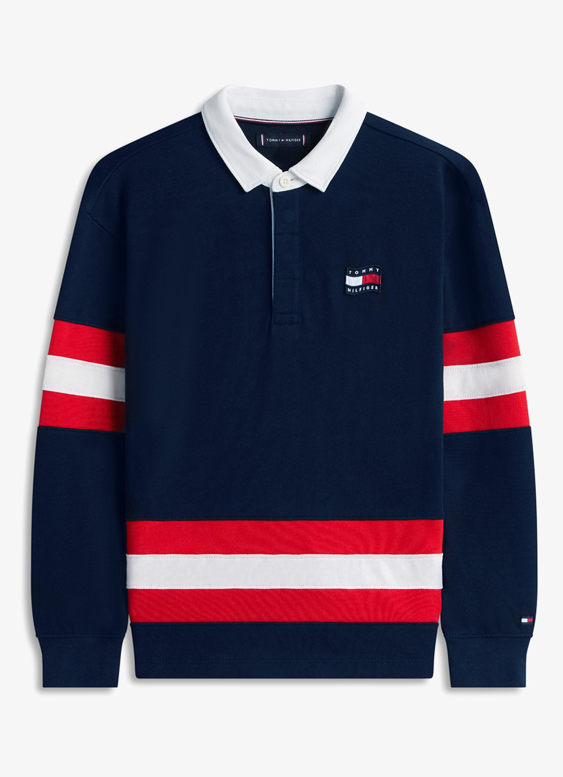 Tommy Hilfiger Sweater met polokraag en logoborduring - voorkant donkerblauw