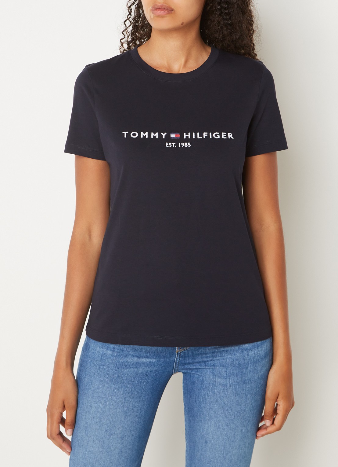 Tommy Hilfiger T-shirt met logoborduring en ronde hals - detail lichtblauw
