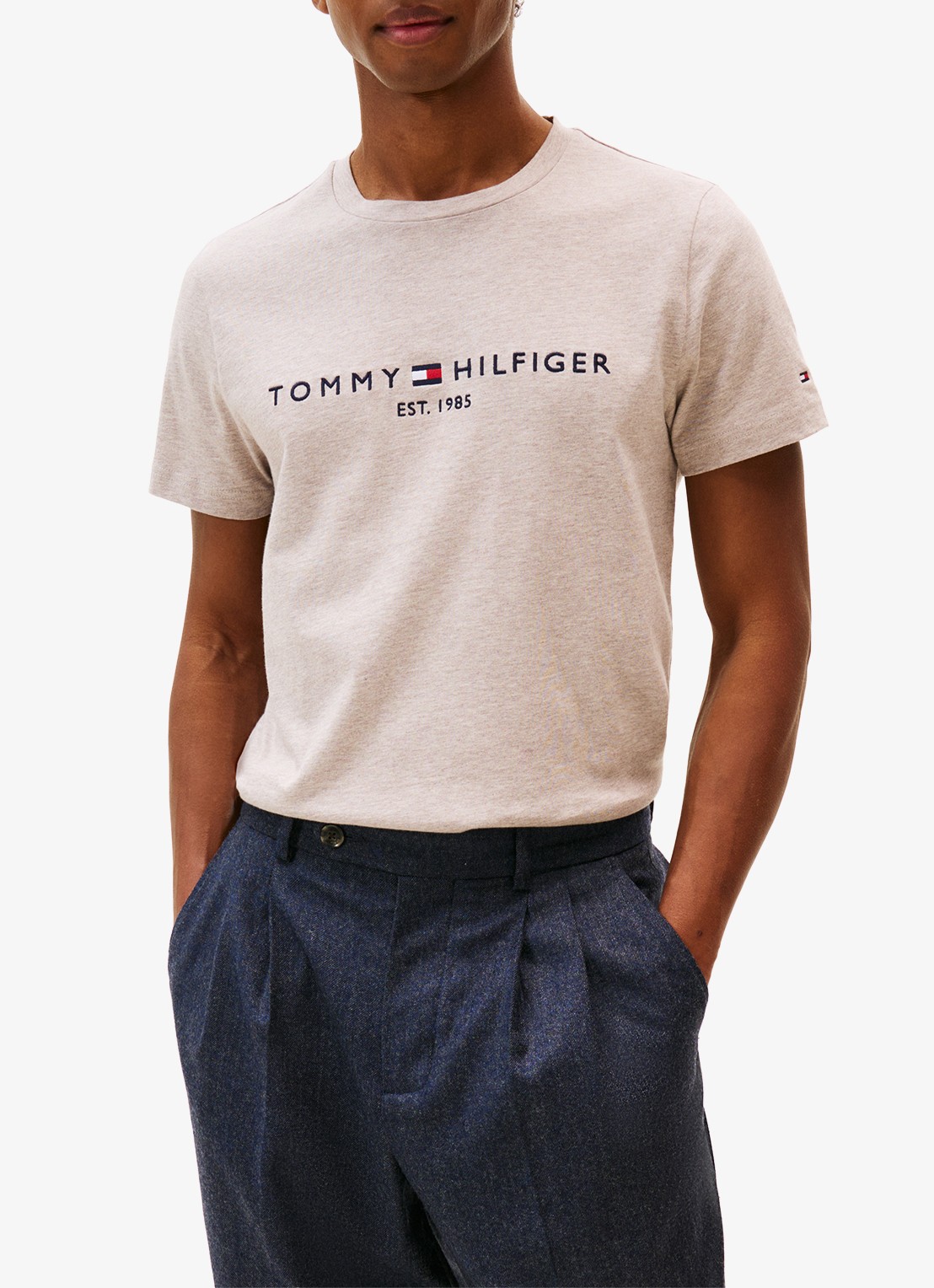 Tommy Hilfiger T-shirt met logoborduring  - detail heathered pebble / beige