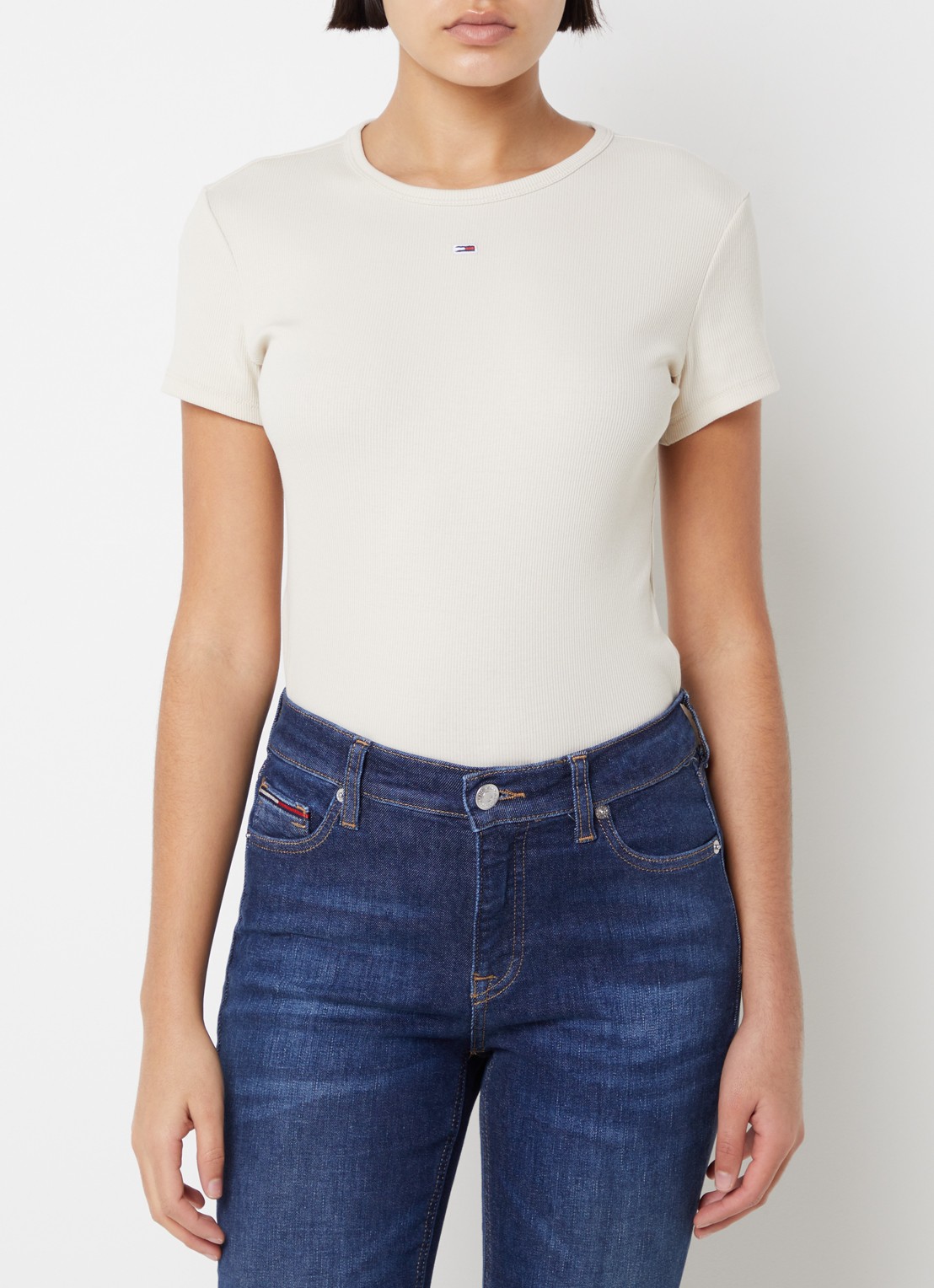 Tommy Hilfiger T-shirt met ribstructuur en logoborduring - detail 4 creme