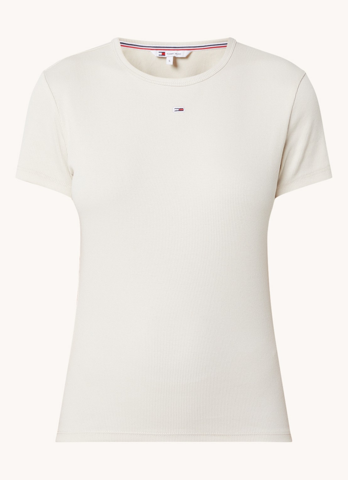 Tommy Hilfiger T-shirt met ribstructuur en logoborduring - voorkant creme