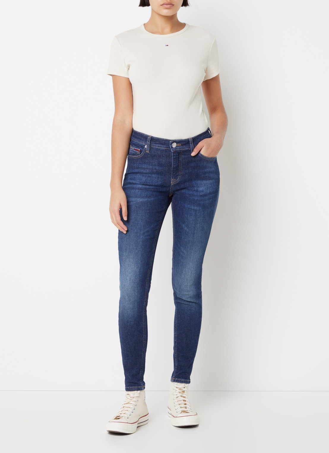 Tommy Hilfiger T-shirt met ribstructuur en logoborduring - voorkant 2 creme