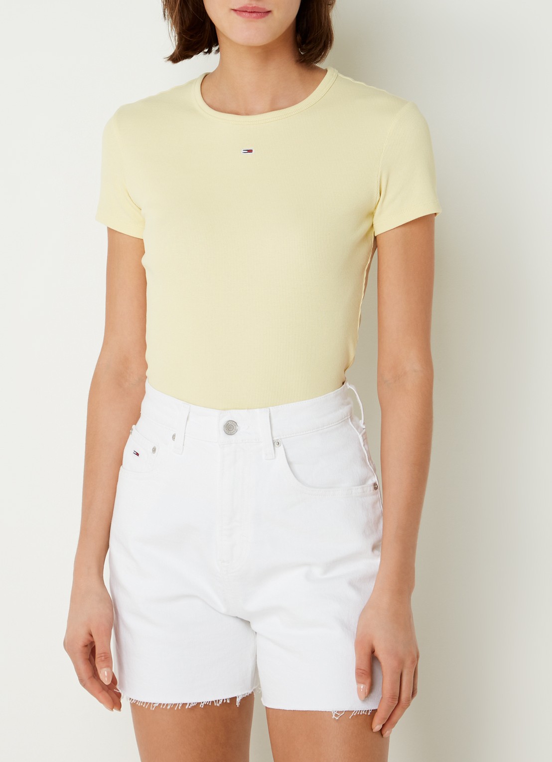 Tommy Hilfiger T-shirt met ribstructuur en logoborduring - detail 3 lichtgeel