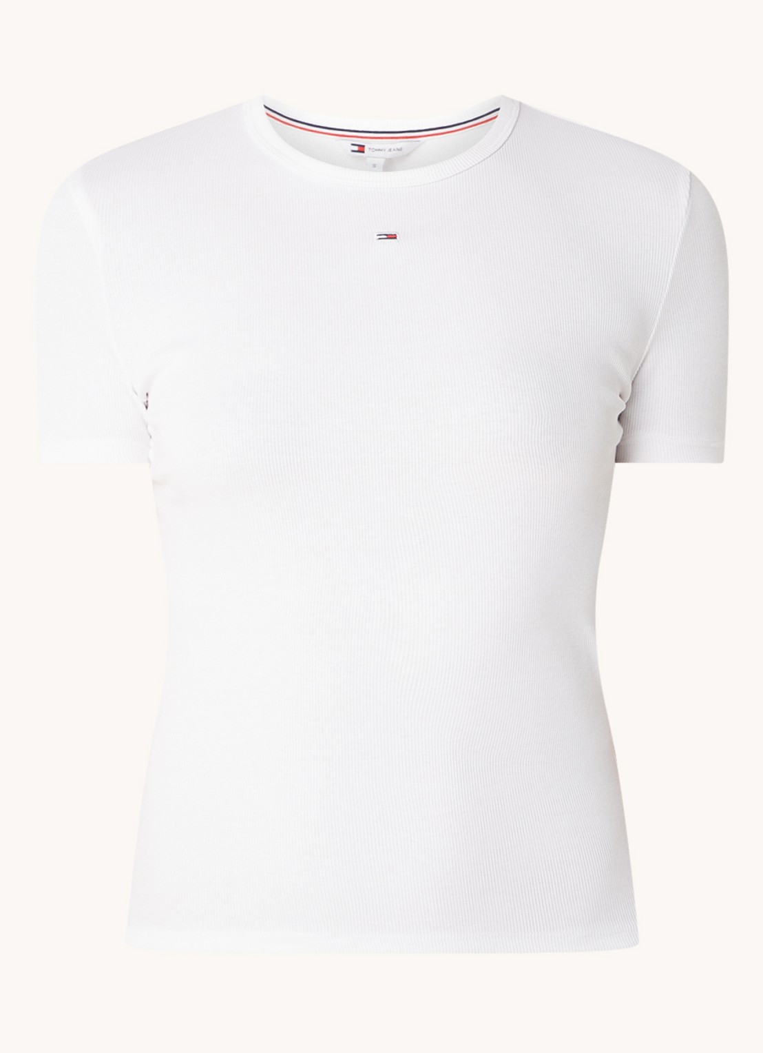 Tommy Hilfiger T-shirt met ribstructuur en logoborduring - voorkant gebroken wit