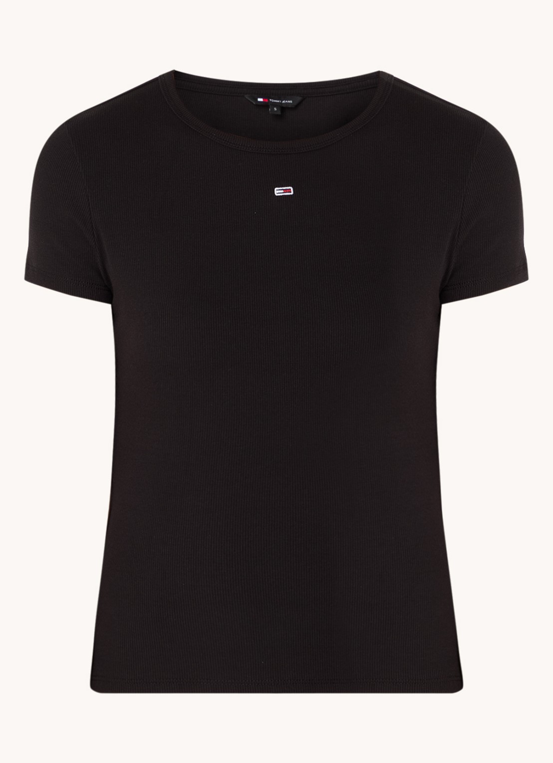 Tommy Hilfiger T-shirt met ribstructuur en logoborduring - voorkant zwart