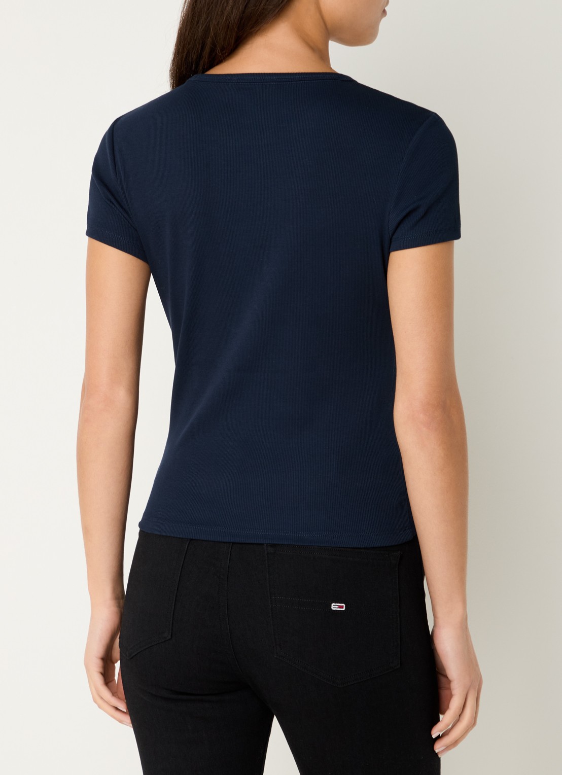 Tommy Hilfiger T-shirt met ribstructuur en logoborduring - achterkant 3 donkerblauw