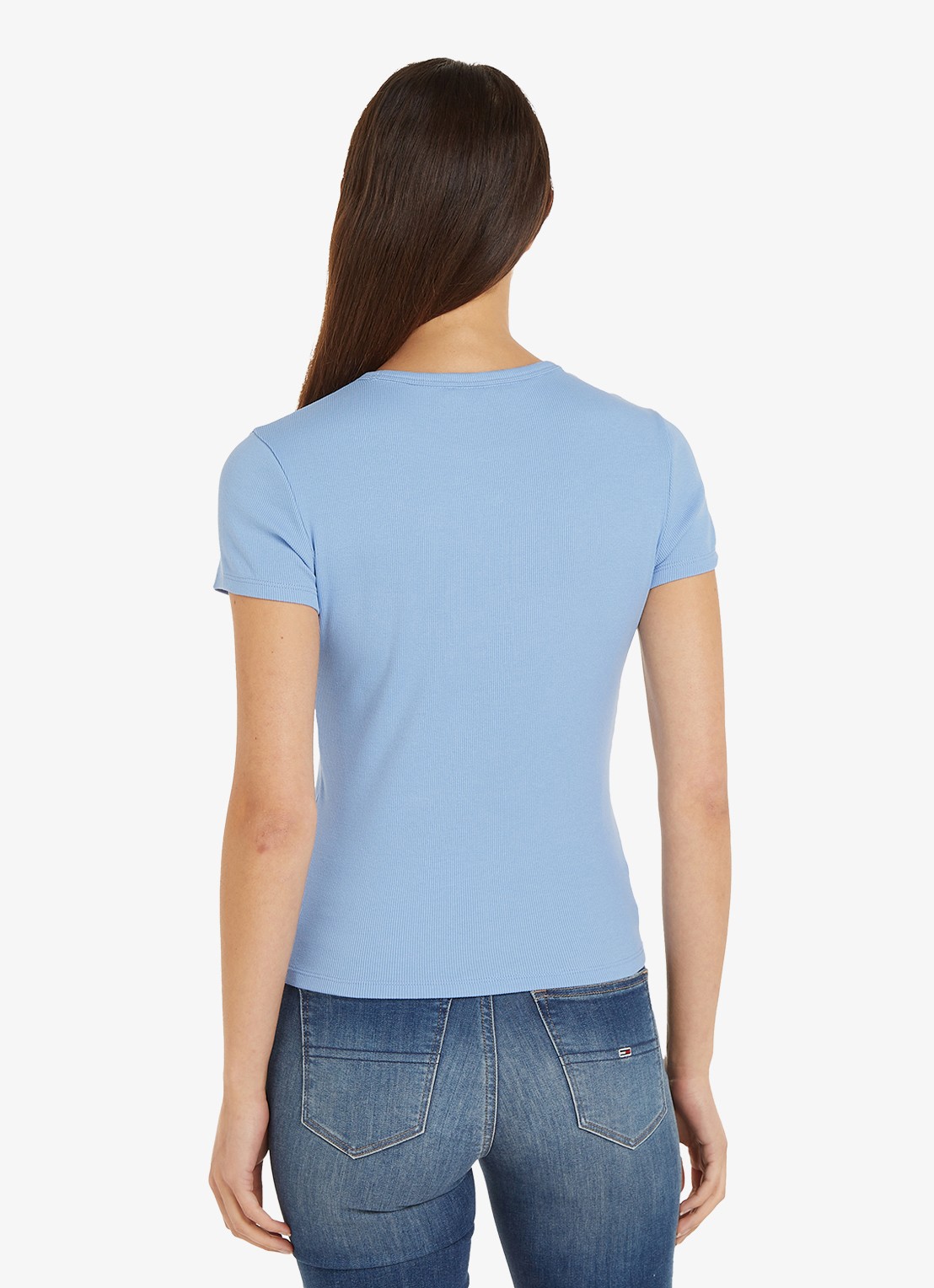 Tommy Hilfiger T-shirt met ribstructuur en logoborduring - achterkant staalblauw