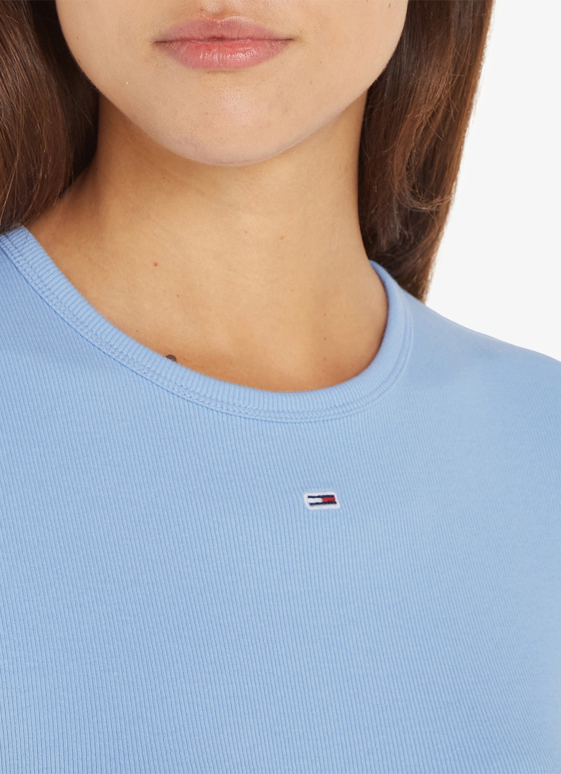 Tommy Hilfiger T-shirt met ribstructuur en logoborduring - detail 3 staalblauw