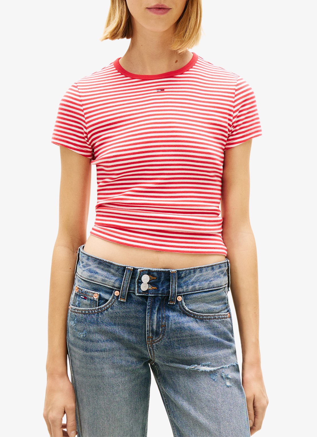 Tommy Hilfiger T-shirt met ribstructuur en logoborduring - detail 3 rood