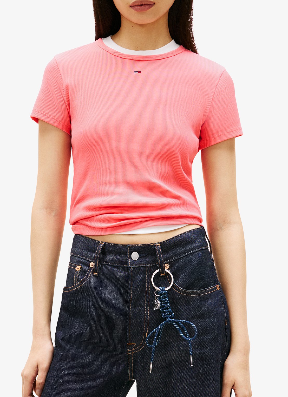 Tommy Hilfiger T-shirt met ribstructuur en logoborduring - detail roze