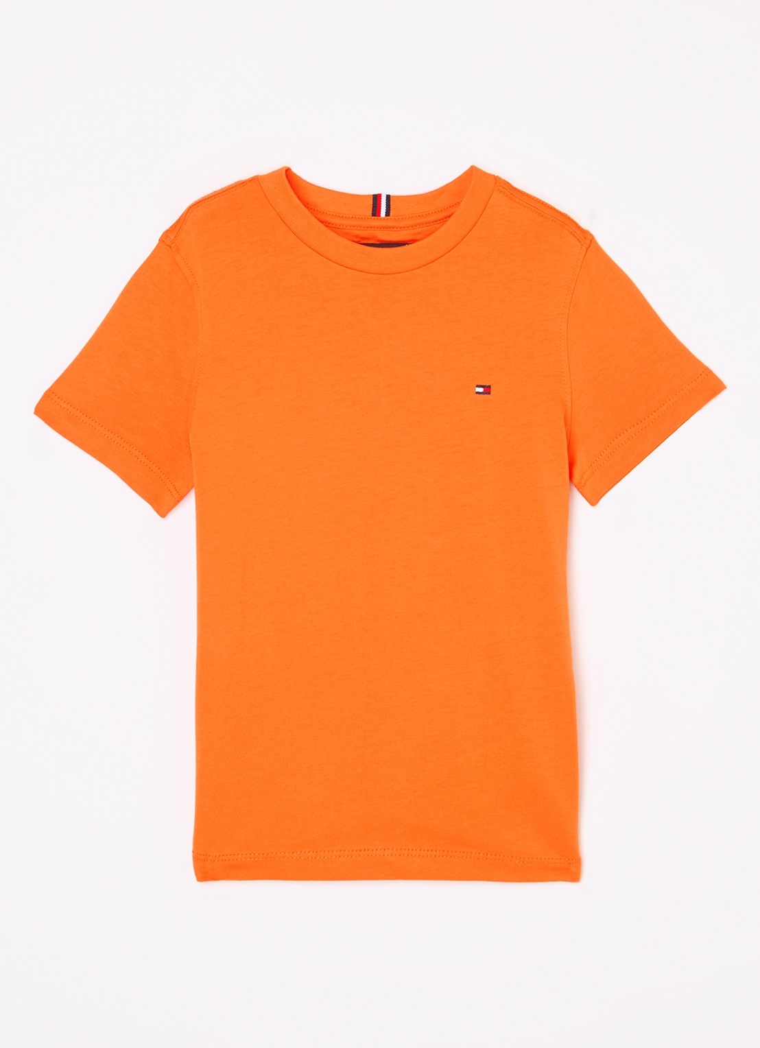 Tommy Hilfiger T-shirt met streepprint en logoborduring - voorkant orange thunder / oranje