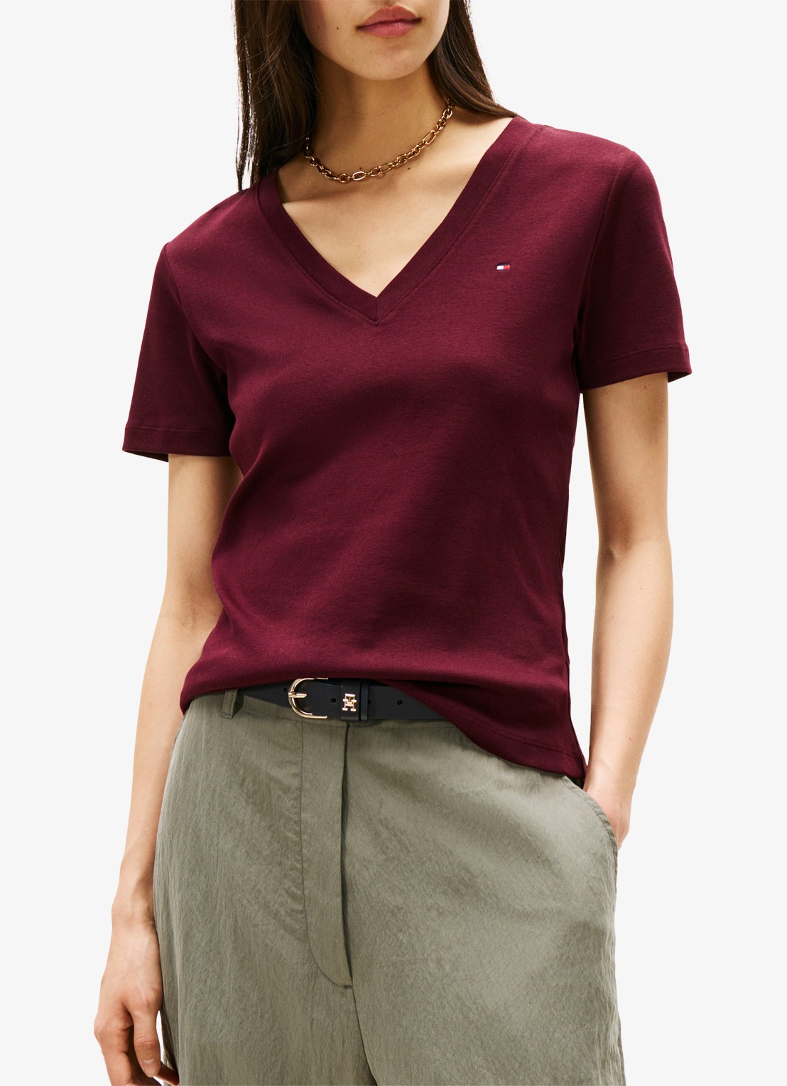 Tommy Hilfiger T-shirt met V-hals - detail 2 bordeauxrood