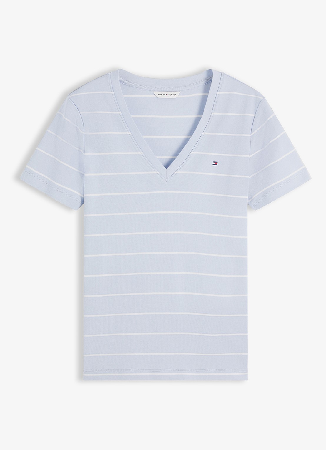 Tommy Hilfiger T-shirt met V-hals - voorkant 2 fine stp breezy blue / ecru-0ff / lichtblauw