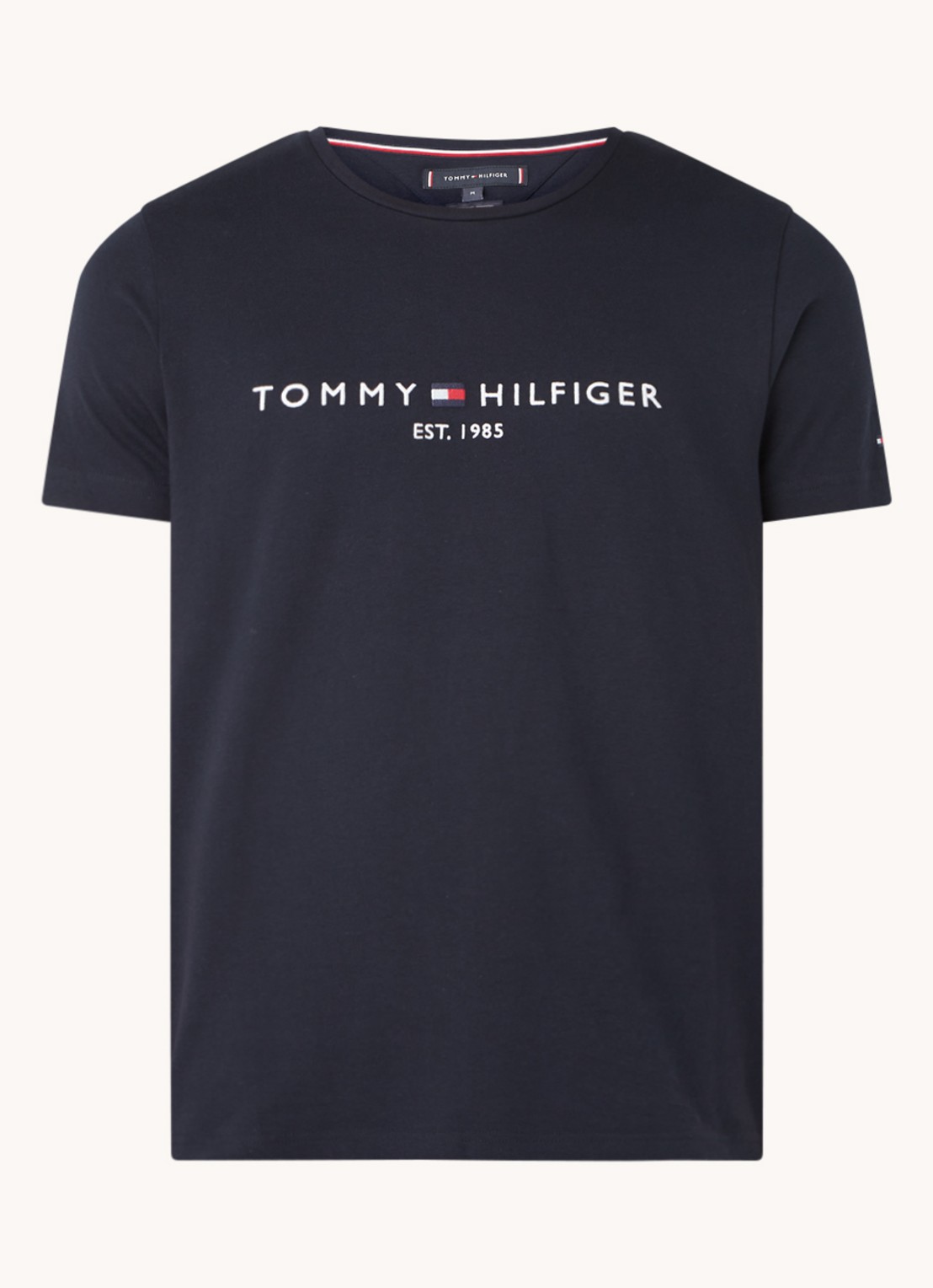 Tommy Hilfiger T-shirt van  katoen met logoborduring - voorkant donkerblauw