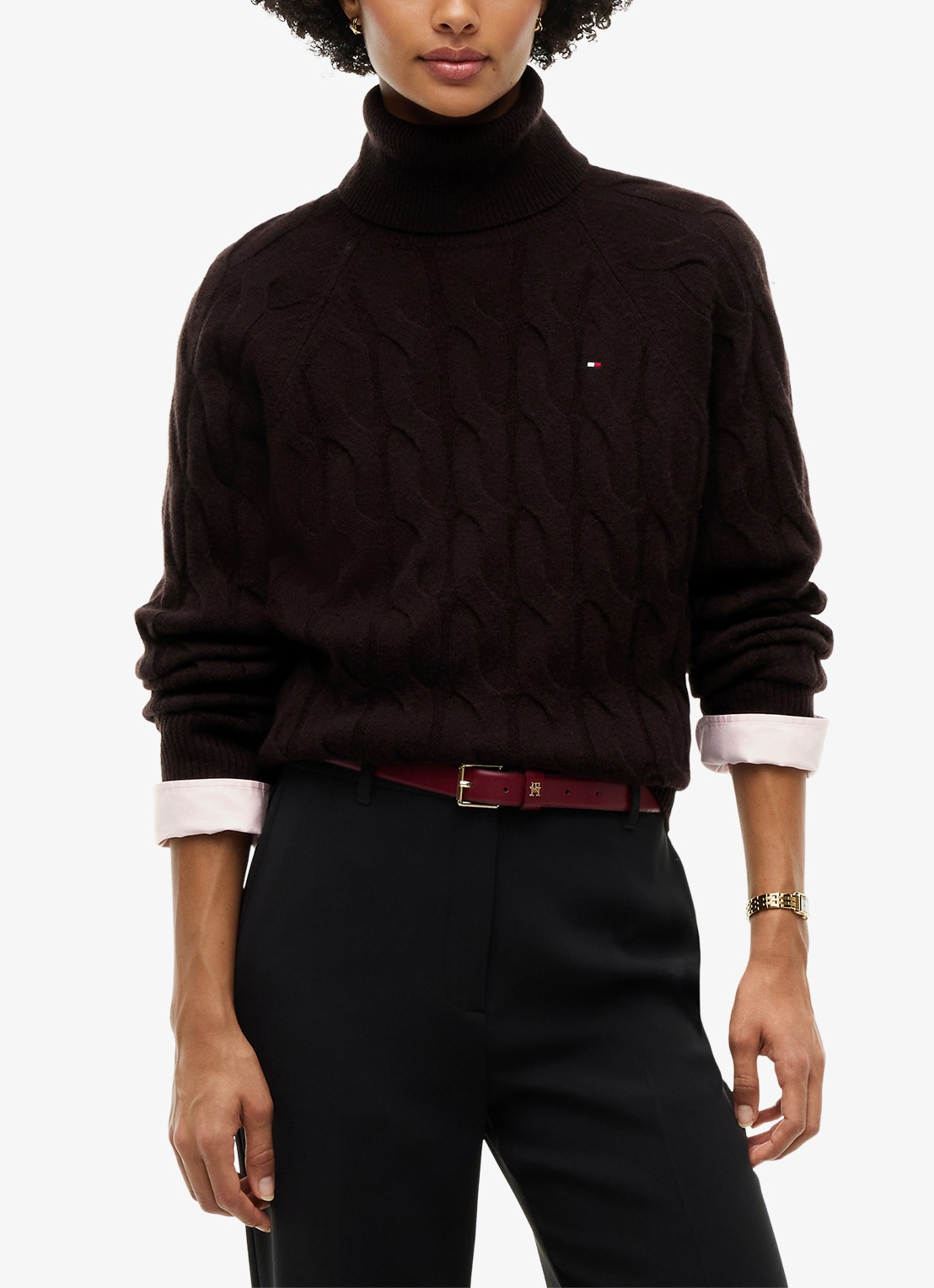 Tommy Hilfiger Trui van wol met col  - detail 4 donkerbruin