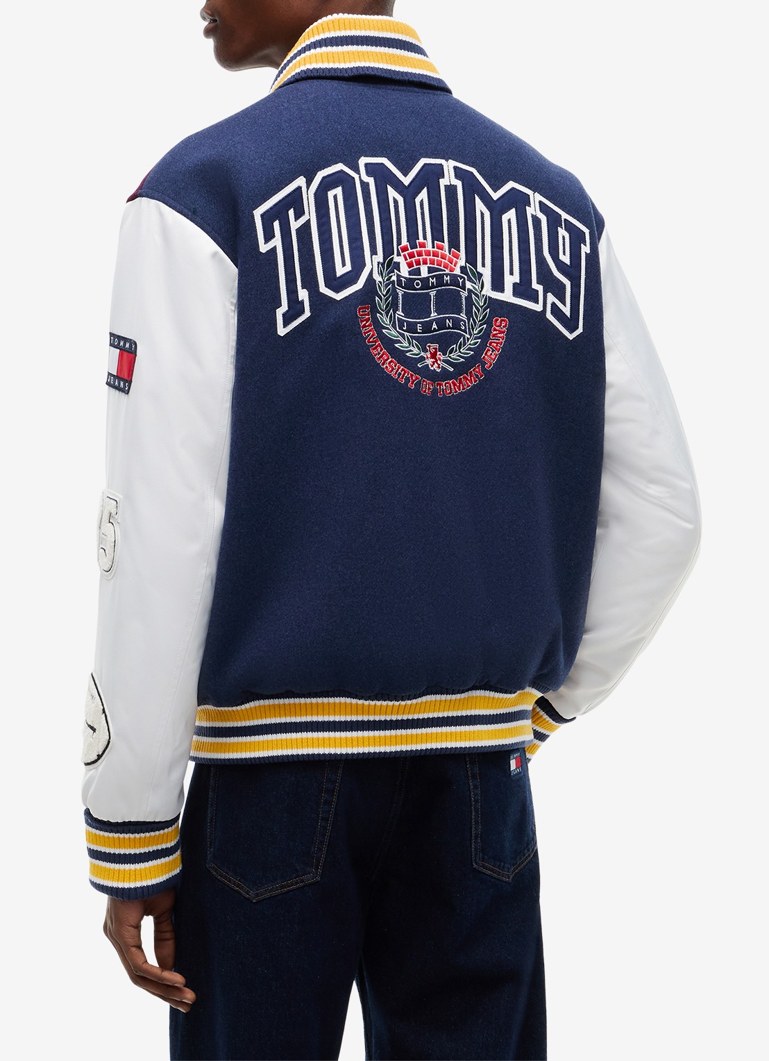 Tommy Hilfiger Varsity baseball jack in wolblend met logo  - achterkant 4 blauw