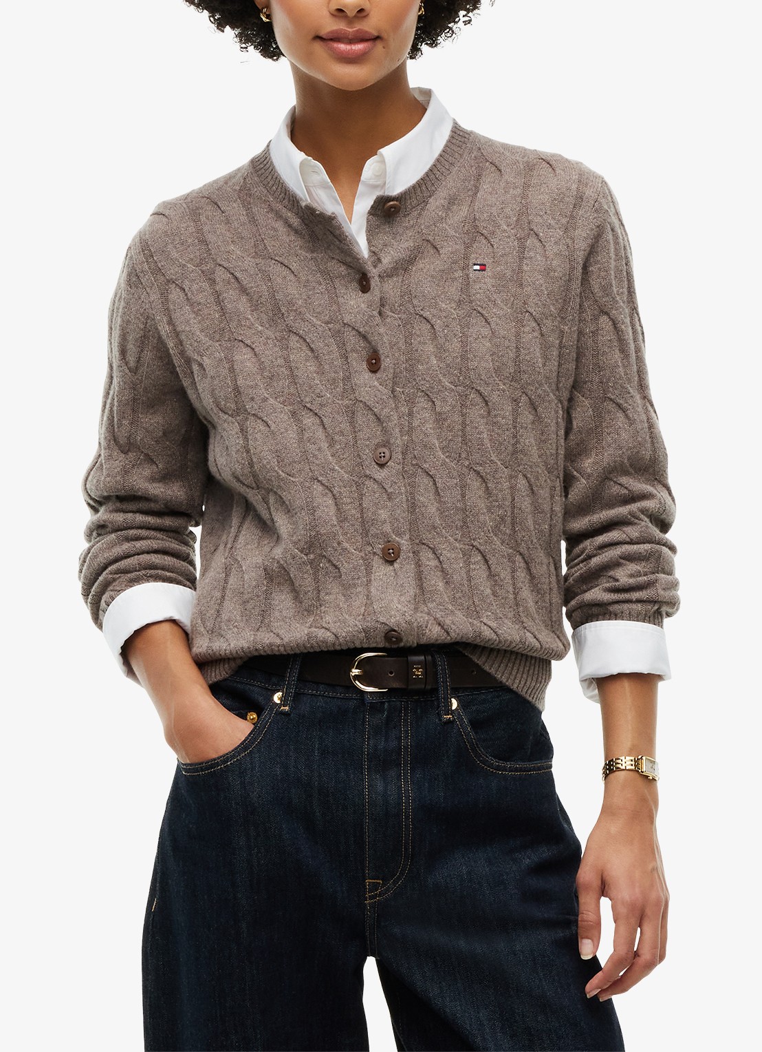 Tommy Hilfiger Vest van wol met logo  - detail bruin