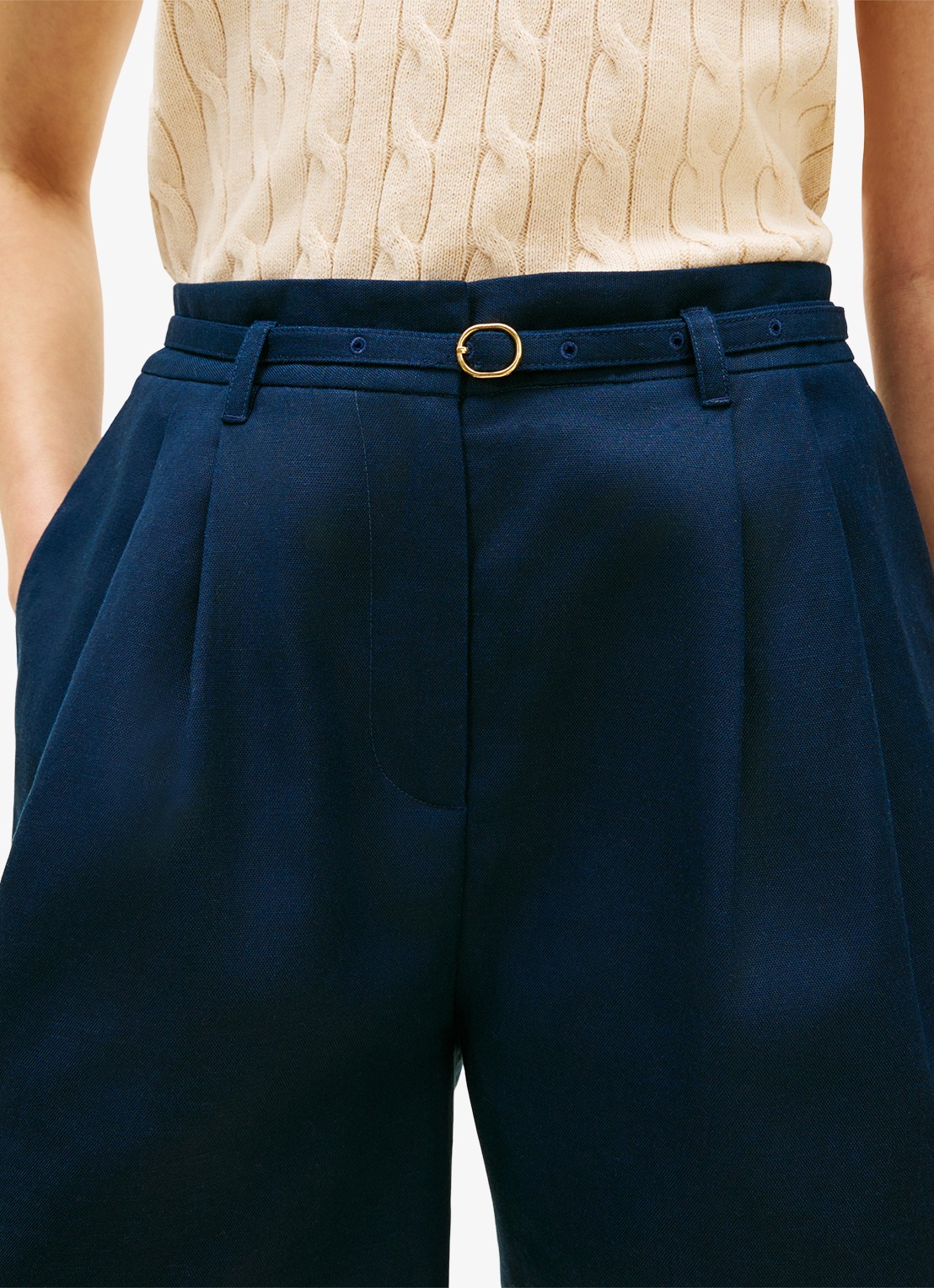 Tommy Hilfiger Wide leg korte broek van linnen met steekzakken - detail 4 donkerblauw