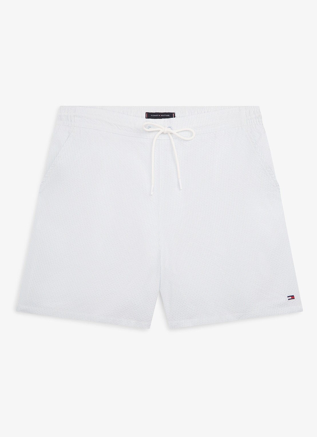 Tommy Hilfiger Zwemshorts met streepprint en logo - voorkant lichtblauw