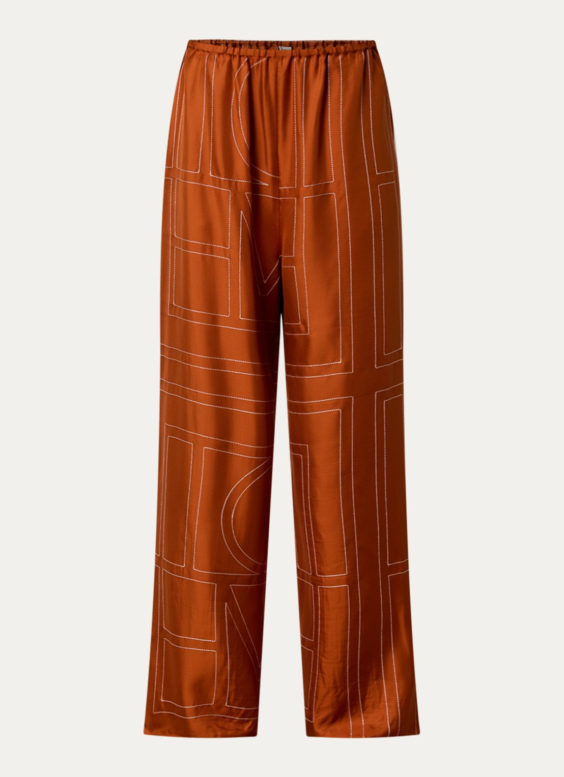 TOTEME High waist loose fit pantalon van zijde met logoborduring - voorkant oranjebruin