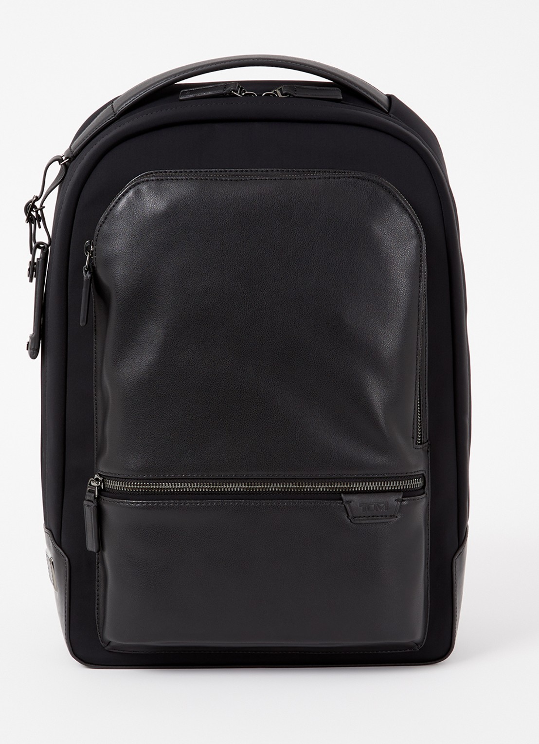 TUMI Harrison Bradner rugzak met leren details en 14 inch laptopvak - voorkant 3 zwart