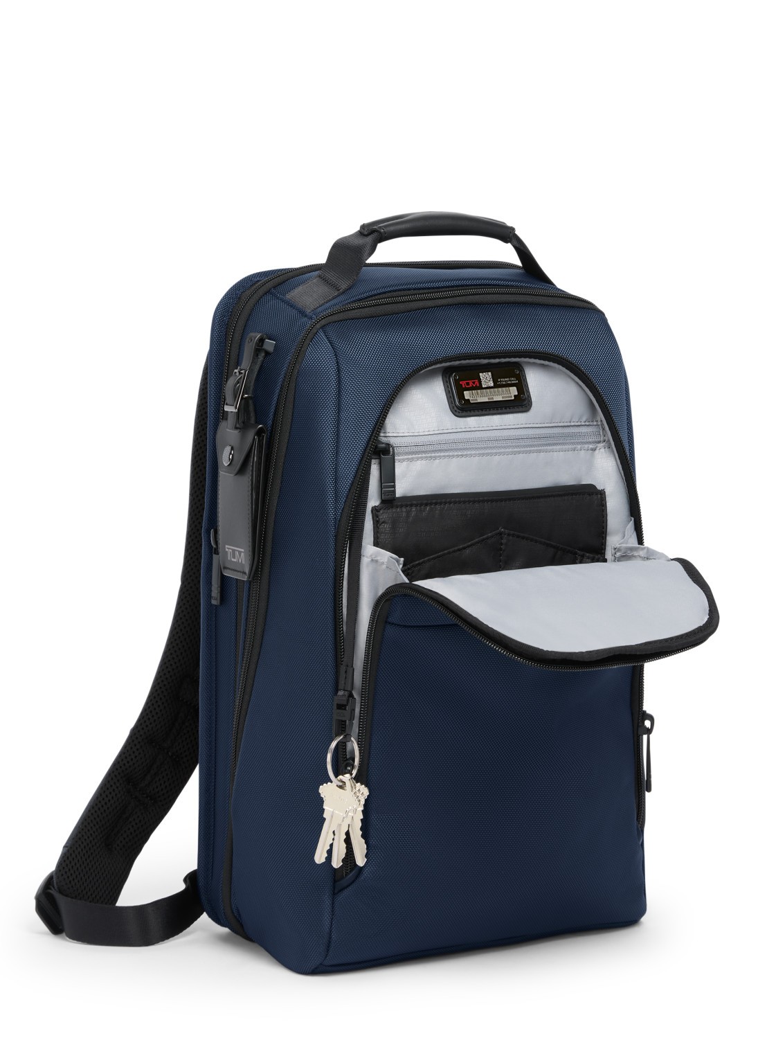 TUMI Rugzak met leren details en 16 inch laptopvak - achterkant donkerblauw